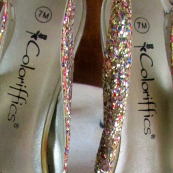 GLITTER SHOES, 7, GALA GLAM, SPARKLY COLORIFFICS SLINGBACKS w 4" HEELS, PARTY! - Picture 8 of 11